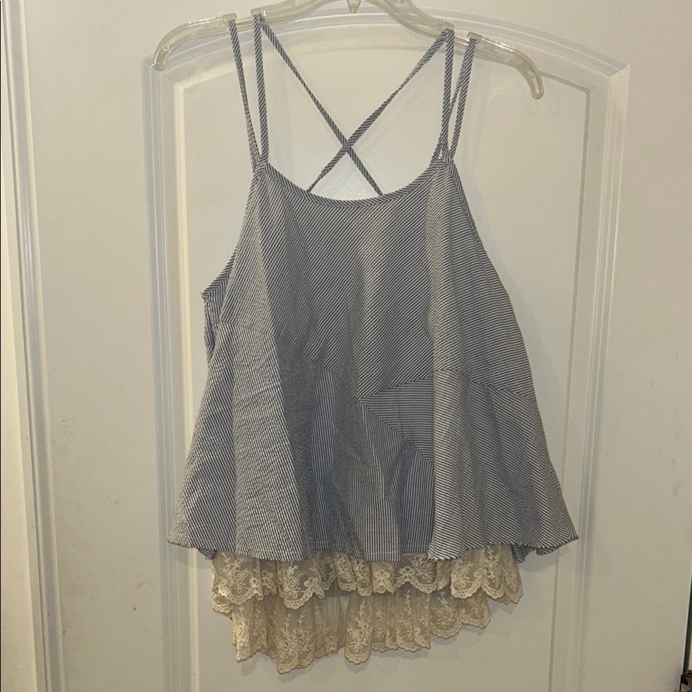 Umgee Blue and Cream Asymmetrical Ruffled Camisole